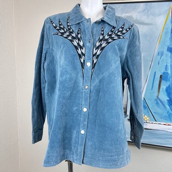 Bob Mackie Leather Jacket Art To Wear Blue Embroidered Suede Size 1X - Picture 1 of 6